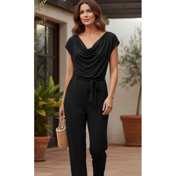 Baby Phat Black Cropped Jumpsuit S Cowl Neck Dolman Sleeve Waist Tie Minimalist - Picture 1 of 11